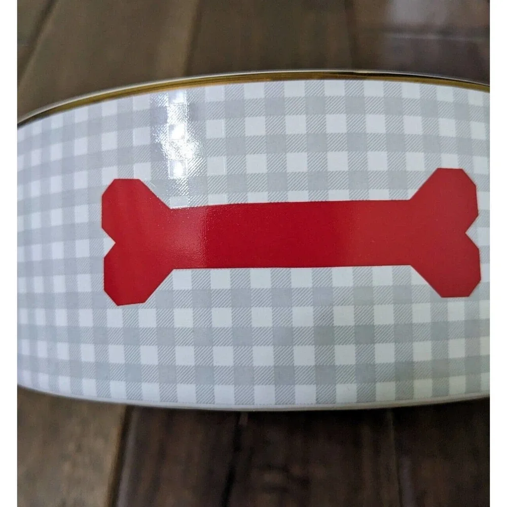 Wit & Delight Ceramic Pet Bowl Gray Gingham Red Dog Bone Gold Rim New Target